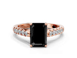 Rose gold Fancy Black Emerald Cut Cut Pavé Band Solitaire Ring with Four-Prong Setting