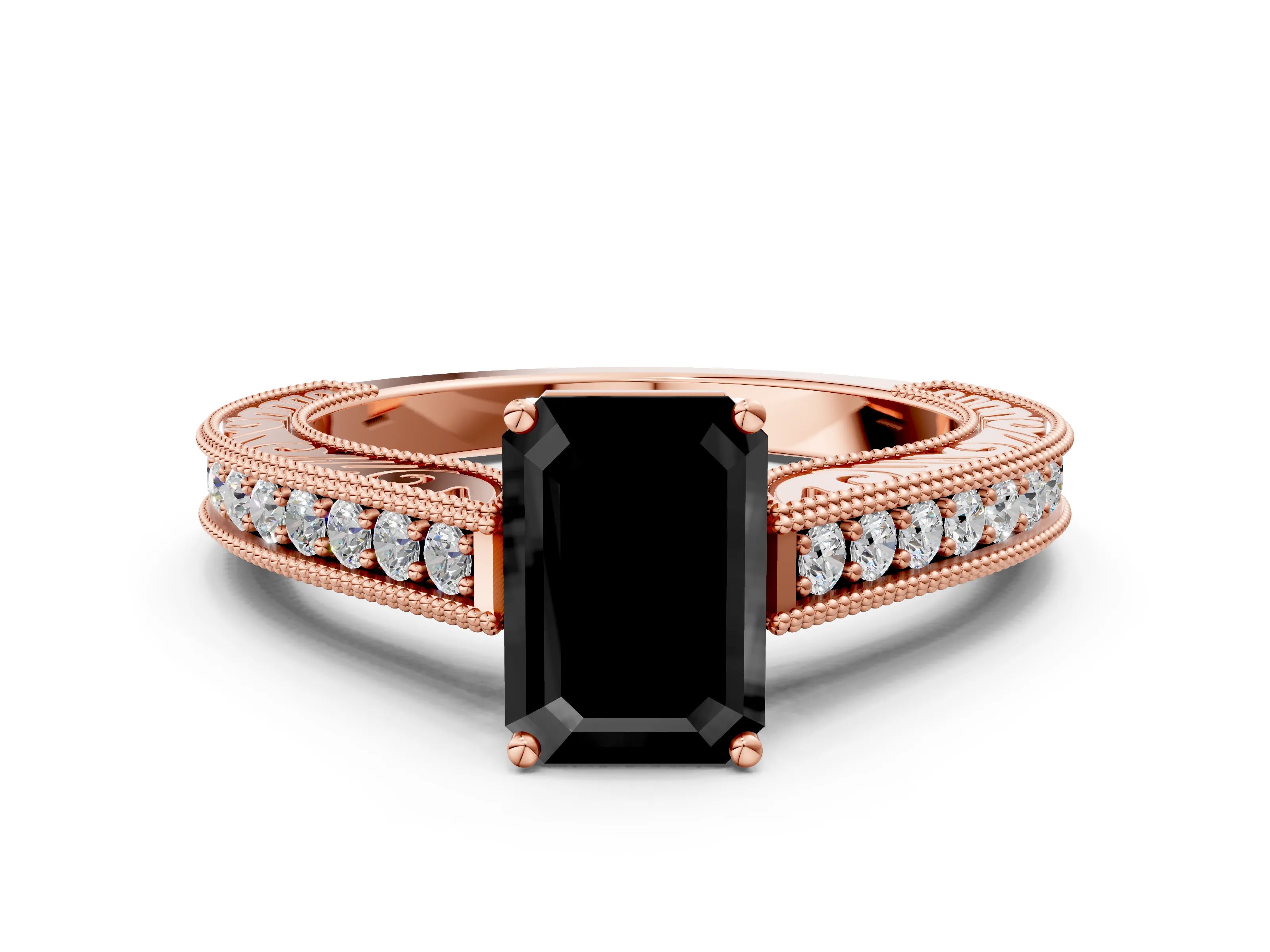 Rose gold Fancy Black Emerald Cut Cut Pave Band Milgrain Solitaire Ring