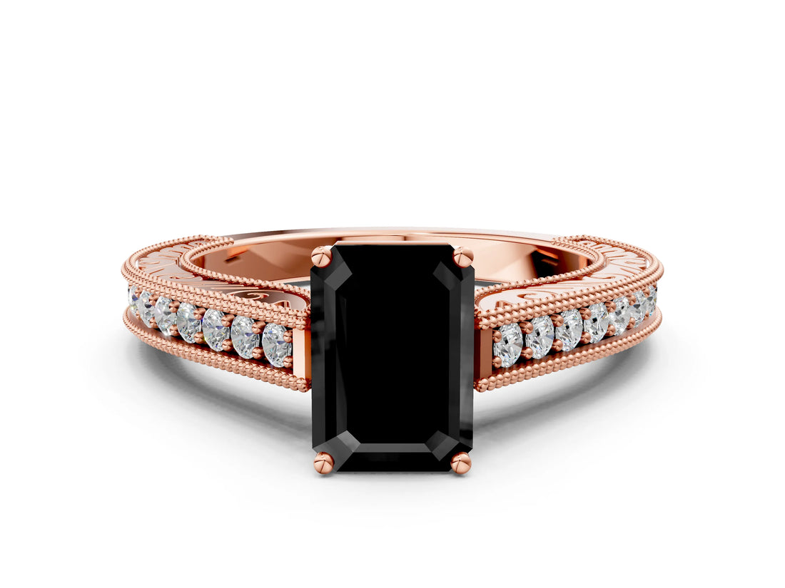 Rose gold Fancy Black Emerald Cut Cut Pave Band Milgrain Solitaire Ring