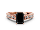 Rose gold Fancy Black Emerald Cut Cut Pave Band Milgrain Solitaire Ring