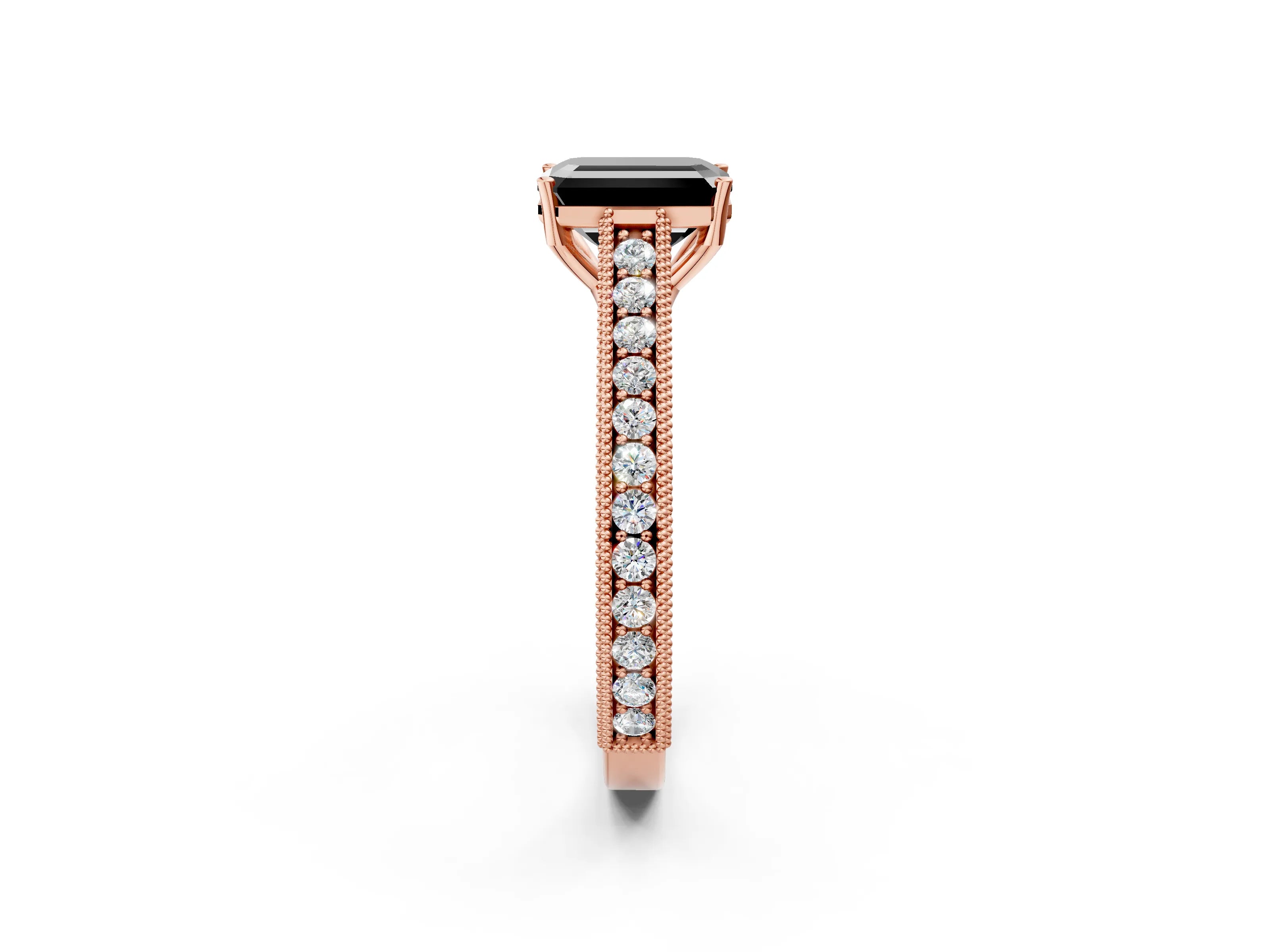 Rose gold Fancy Black Emerald Cut Cut Pave Band Milgrain Solitaire Ring_2