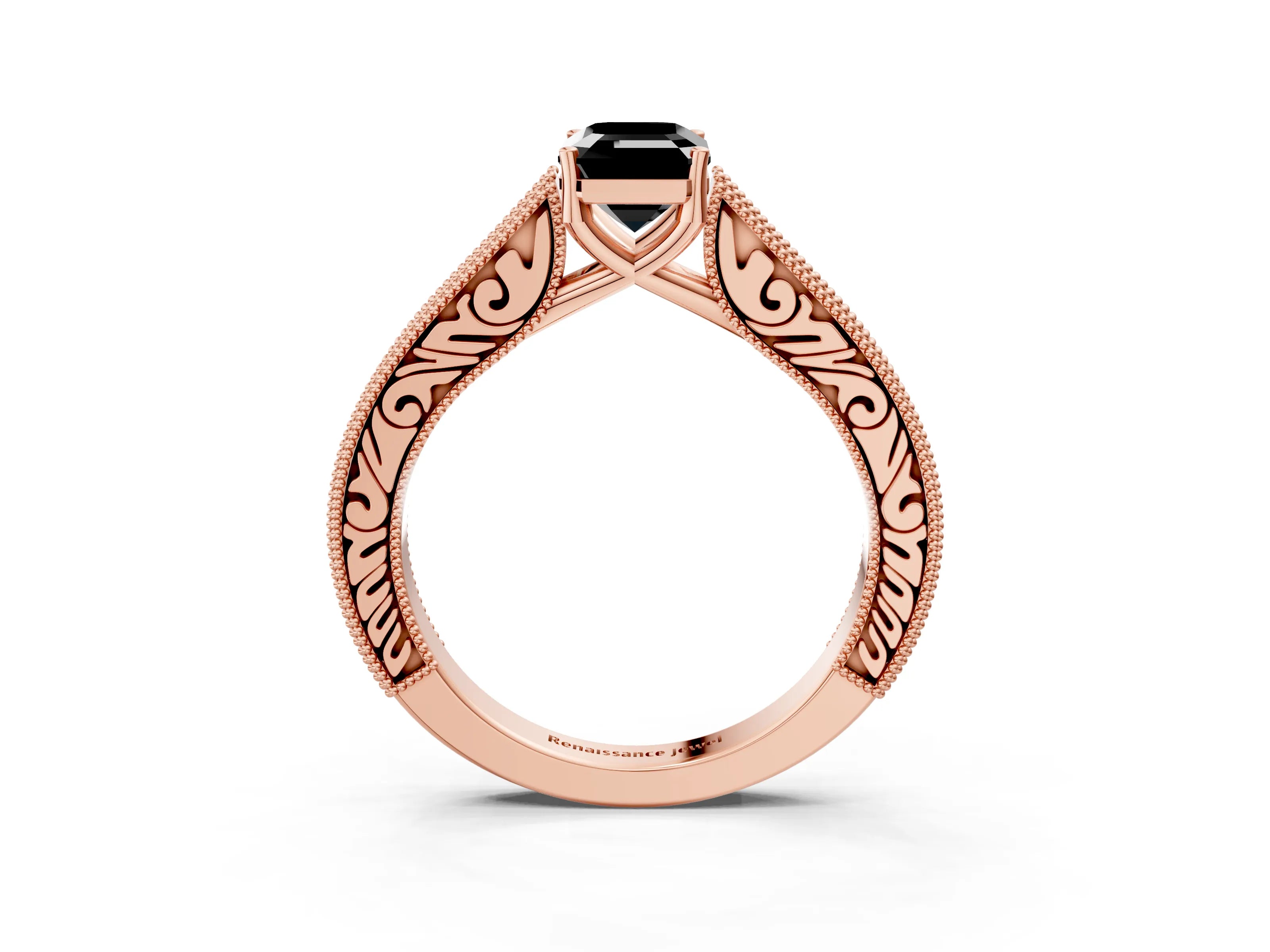 Rose gold Fancy Black Emerald Cut Cut Pave Band Milgrain Solitaire Ring_3