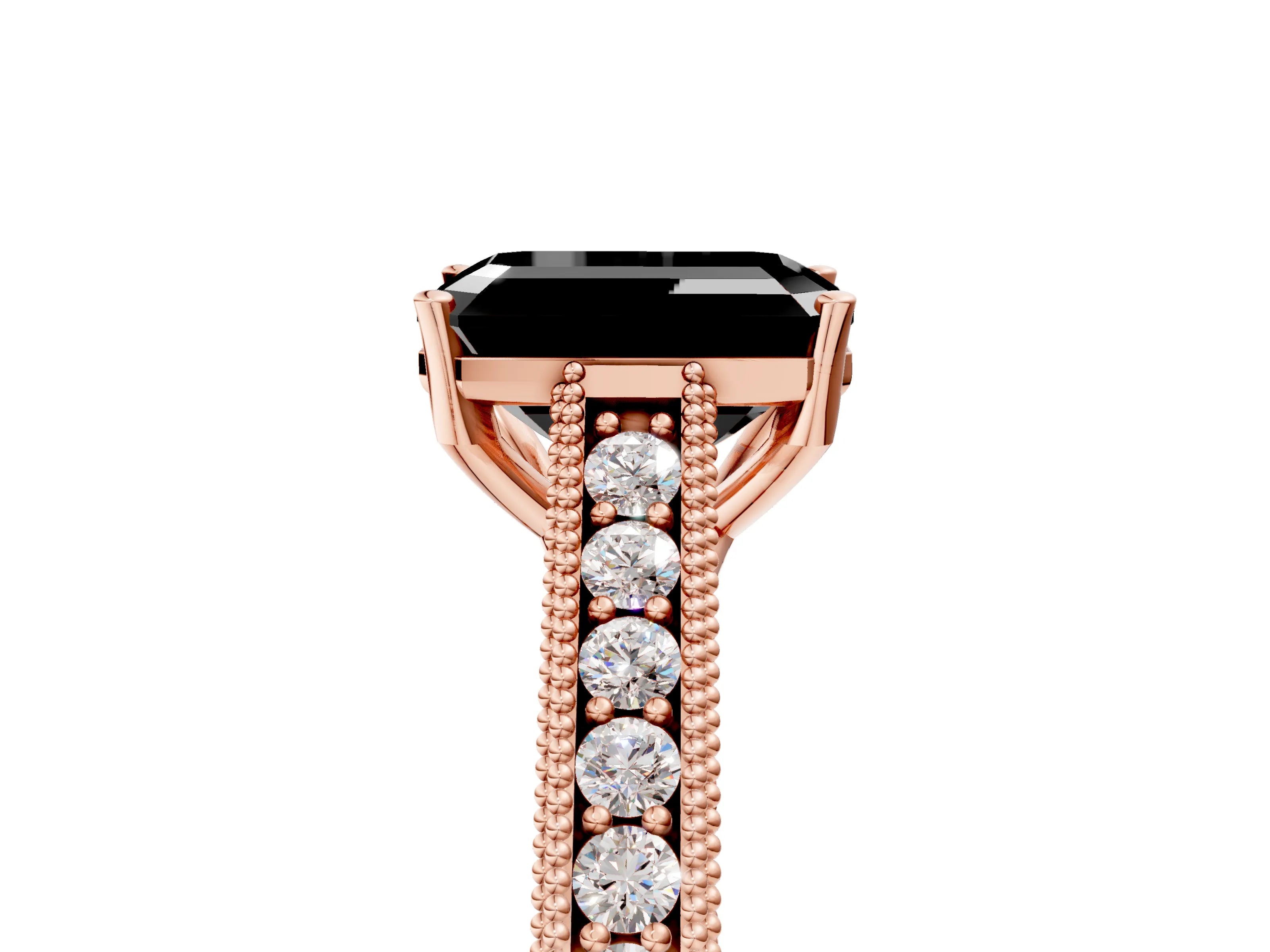 Rose gold Fancy Black Emerald Cut Cut Pave Band Milgrain Solitaire Ring_5