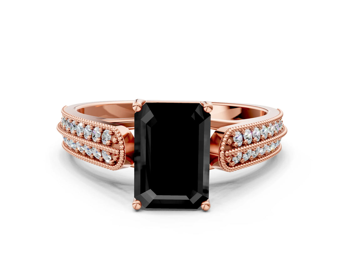 Rose gold Fancy Black Emerald Cut Cut Pave Split Shank Engagement Ring with Four-Prong Setting