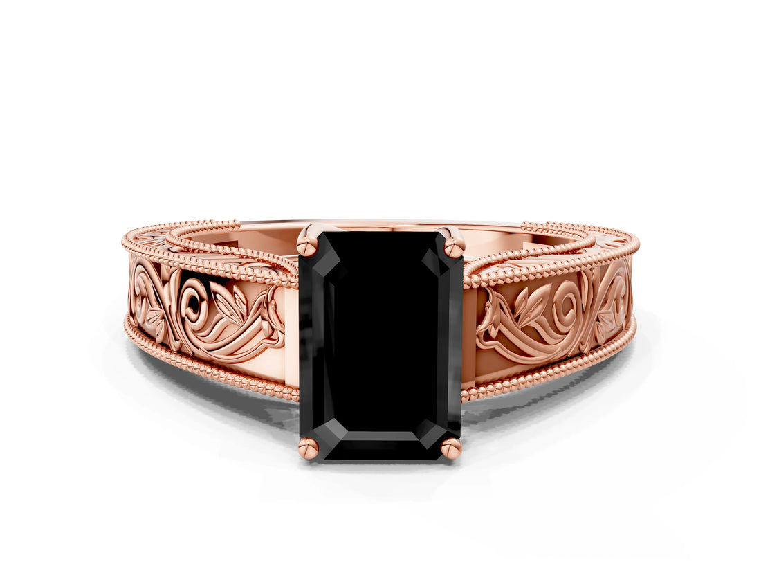 Rose gold Fancy Black Emerald Cut Cut Solitaire Engraved Band with Four-Prong Setting