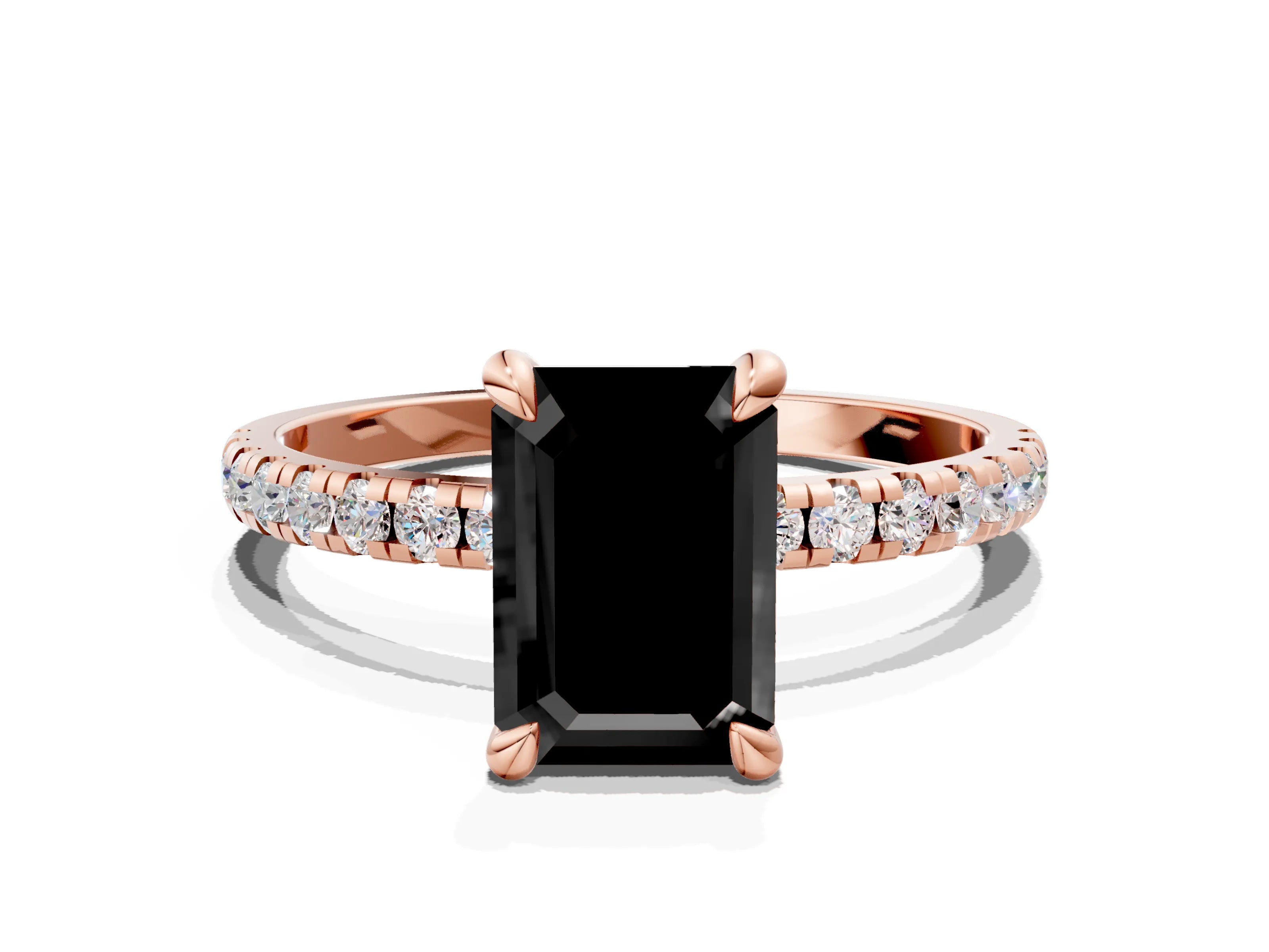 Rose gold Fancy Black Emerald Cut Diamond Brilliant Solitaire Ring with Pavé Band and Four-Prong Setting