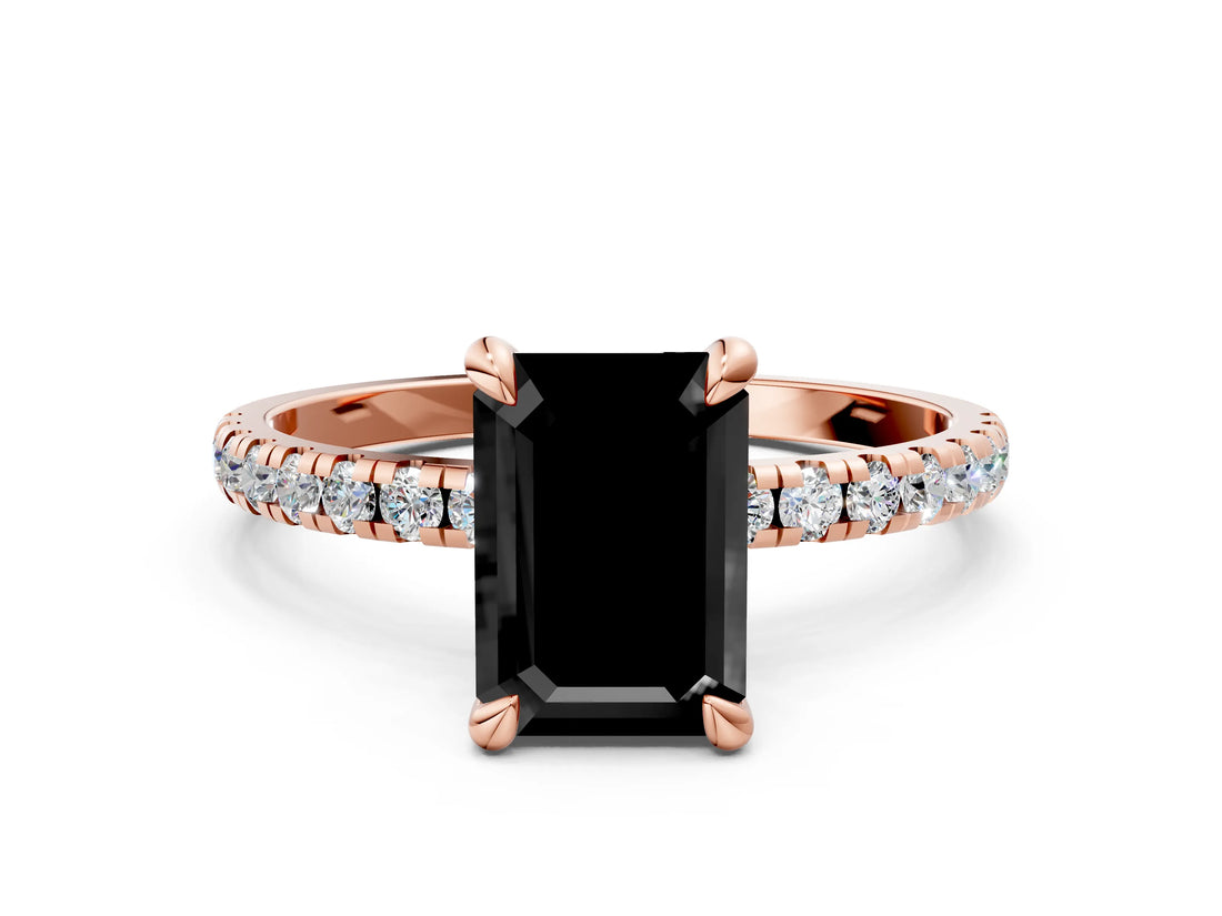 Rose gold Fancy Black Emerald Cut Diamond Brilliant Solitaire Ring with Pavé Band and Four-Prong Setting_12