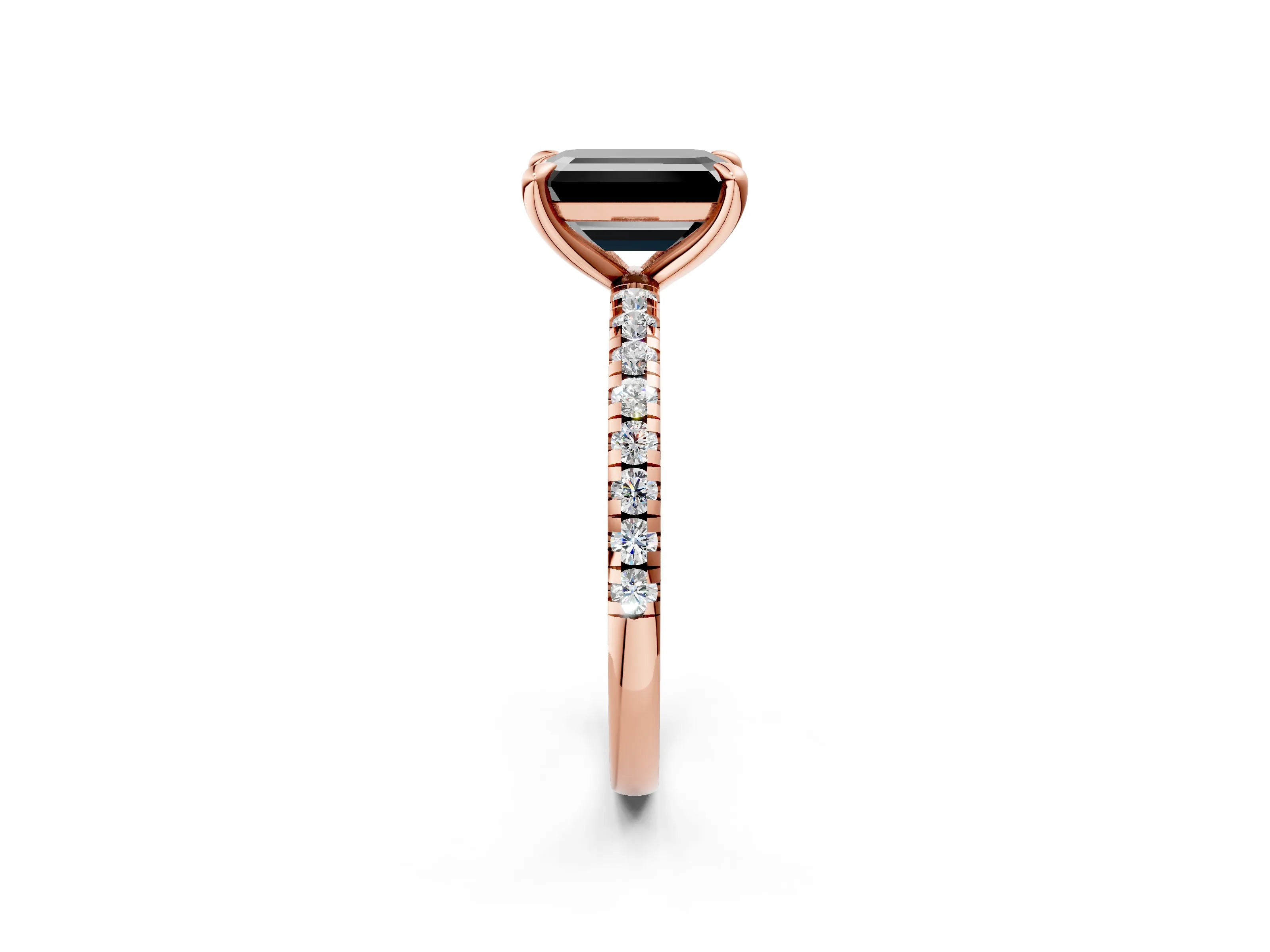 Rose gold Fancy Black Emerald Cut Diamond Brilliant Solitaire Ring with Pavé Band and Four-Prong Setting_2
