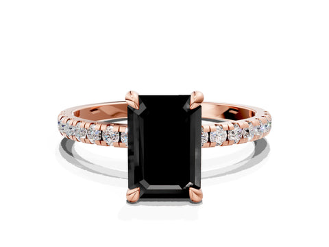 Rose gold Fancy Black Emerald Cut Diamond Brilliant Solitaire Ring with Pavé Band and Four-Prong Setting