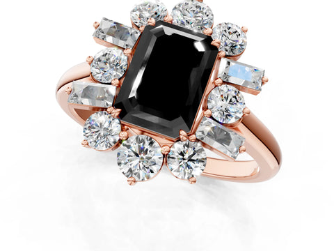 Rose gold Fancy Black Emerald Cut Diamond Cluster Ring with Round and Baguette Stones, Split Shank Band, Prong Setting_1