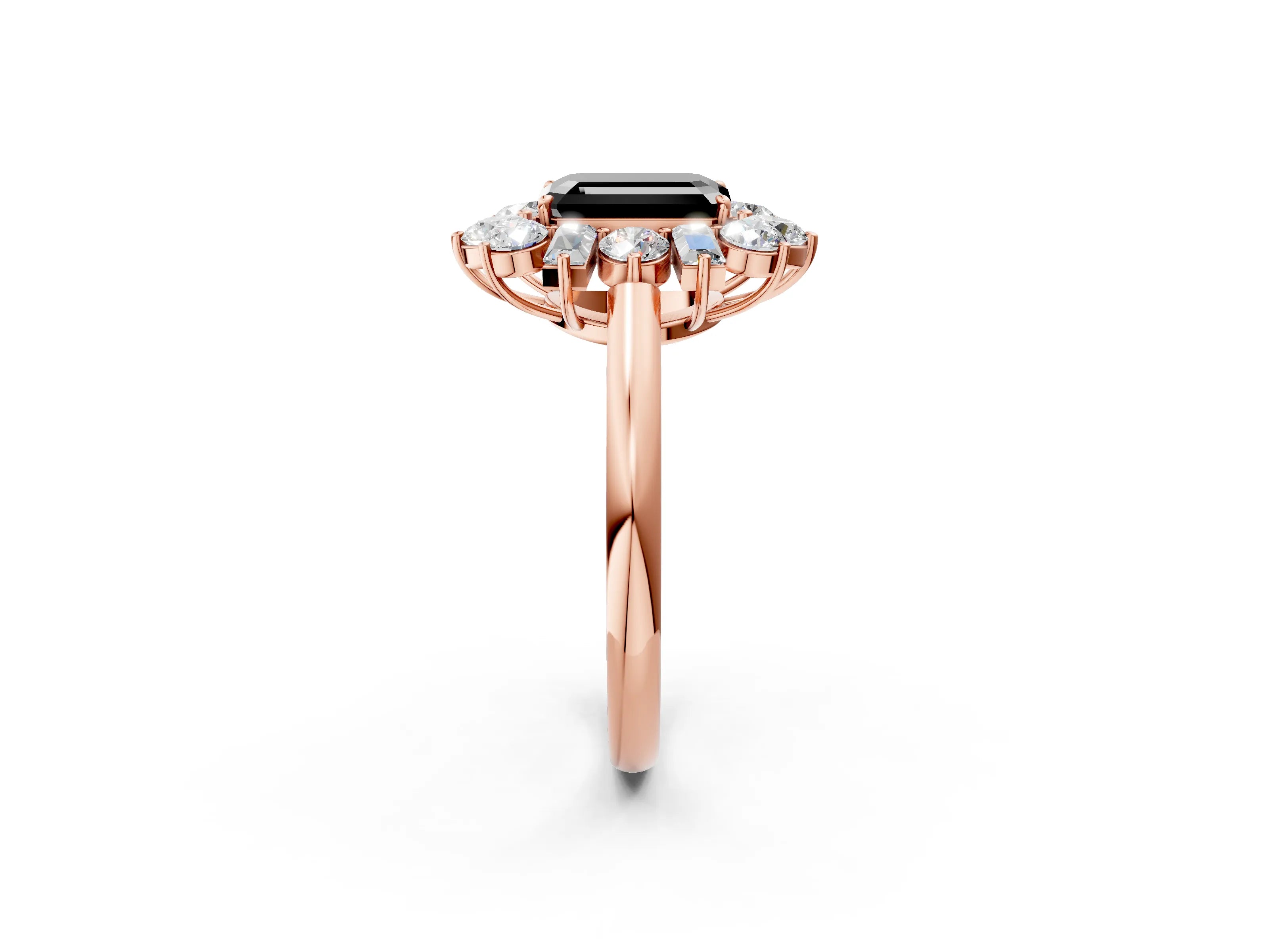 Rose gold Fancy Black Emerald Cut Diamond Cluster Ring with Round and Baguette Stones, Split Shank Band, Prong Setting_2