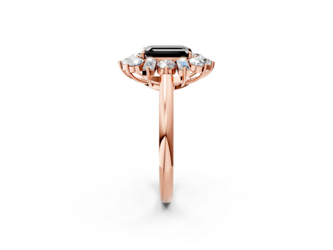 Rose gold Fancy Black Emerald Cut Diamond Cluster Ring with Round and Baguette Stones, Split Shank Band, Prong Setting_2