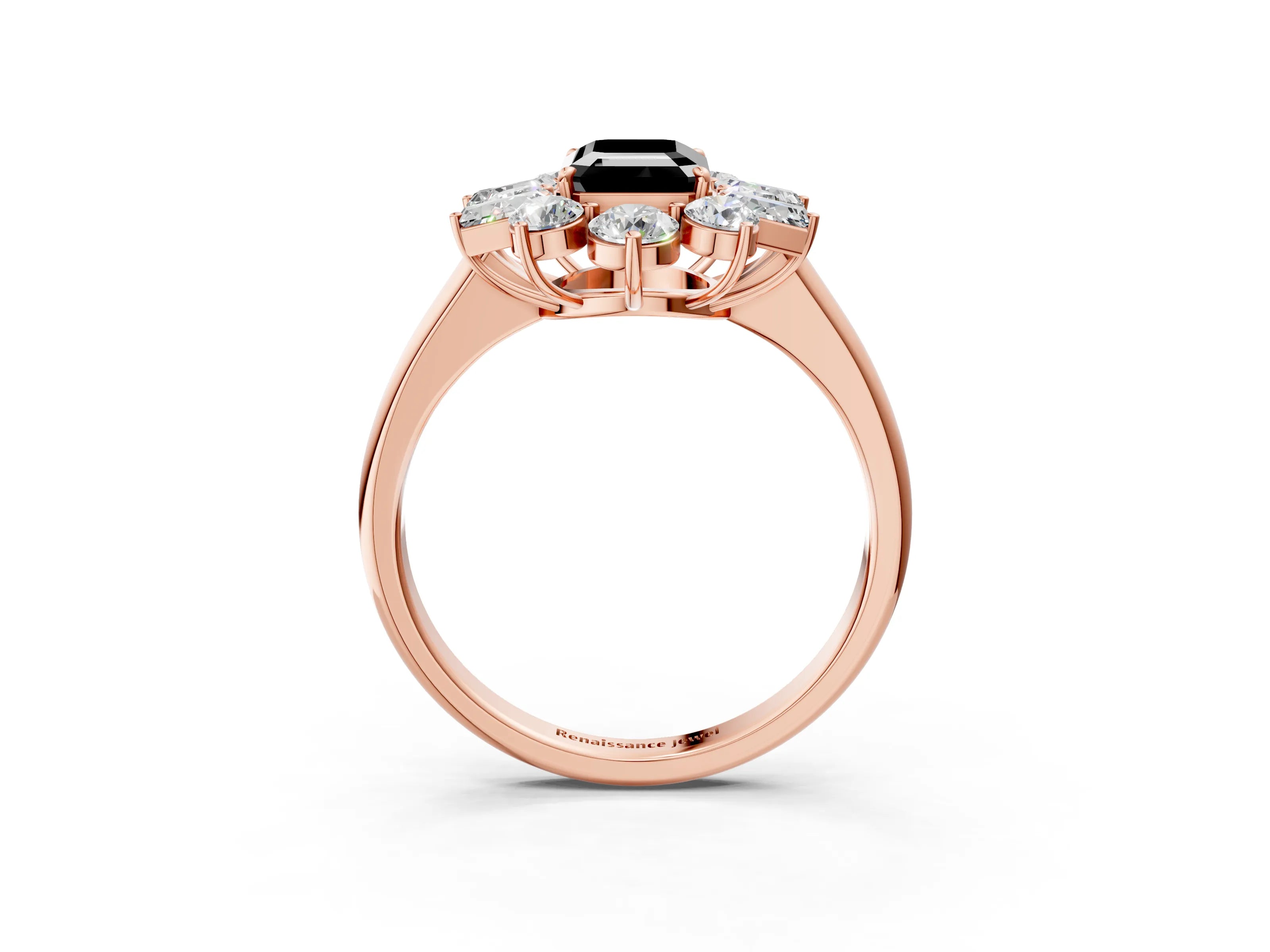 Rose gold Fancy Black Emerald Cut Diamond Cluster Ring with Round and Baguette Stones, Split Shank Band, Prong Setting_3