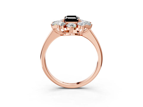 Rose gold Fancy Black Emerald Cut Diamond Cluster Ring with Round and Baguette Stones, Split Shank Band, Prong Setting_3