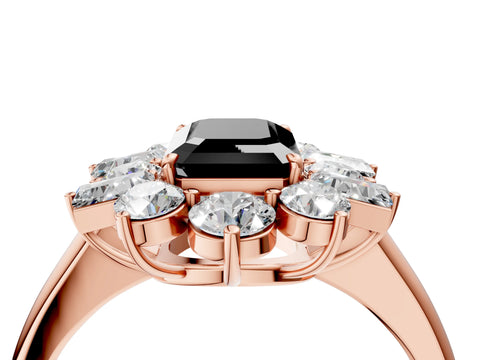 Rose gold Fancy Black Emerald Cut Diamond Cluster Ring with Round and Baguette Stones, Split Shank Band, Prong Setting_4