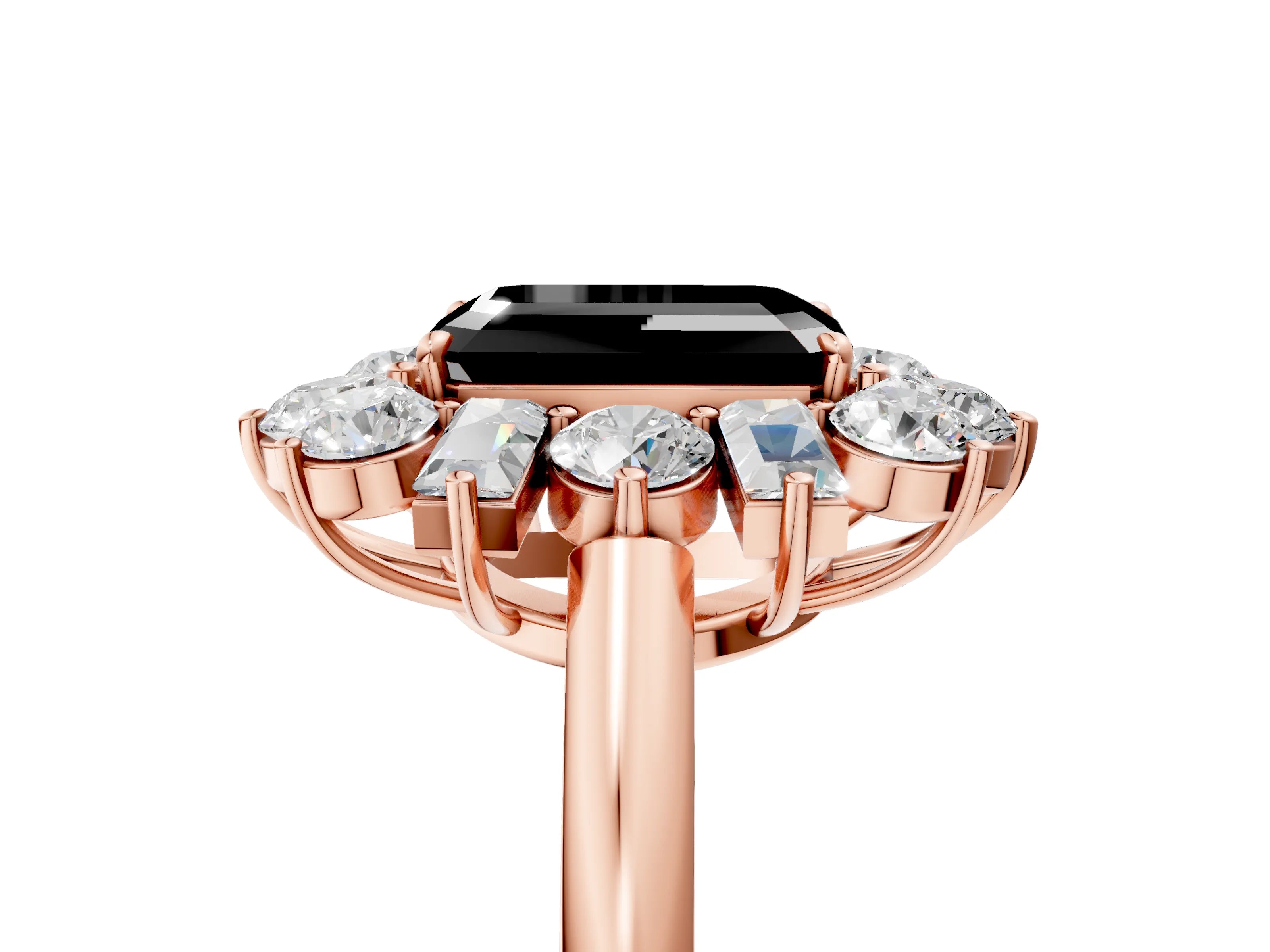 Rose gold Fancy Black Emerald Cut Diamond Cluster Ring with Round and Baguette Stones, Split Shank Band, Prong Setting_5