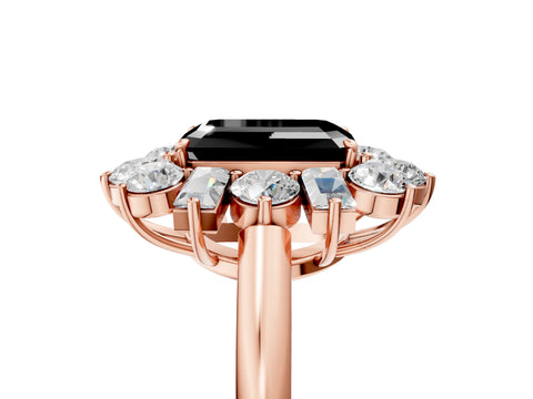 Rose gold Fancy Black Emerald Cut Diamond Cluster Ring with Round and Baguette Stones, Split Shank Band, Prong Setting_5