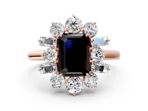 Rose gold Fancy Black Emerald Cut Diamond Cluster Ring with Round and Baguette Stones, Split Shank Band, Prong Setting