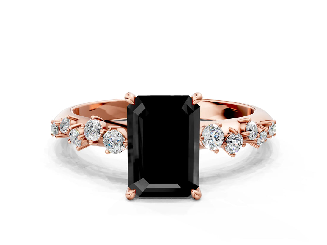 Rose gold Fancy Black Emerald Cut Diamond Cluster Side Stone Solitaire Ring with Prong Setting_24