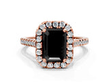 Rose gold Fancy Black Emerald Cut Diamond Cushion Halo Ring with Pavé Band