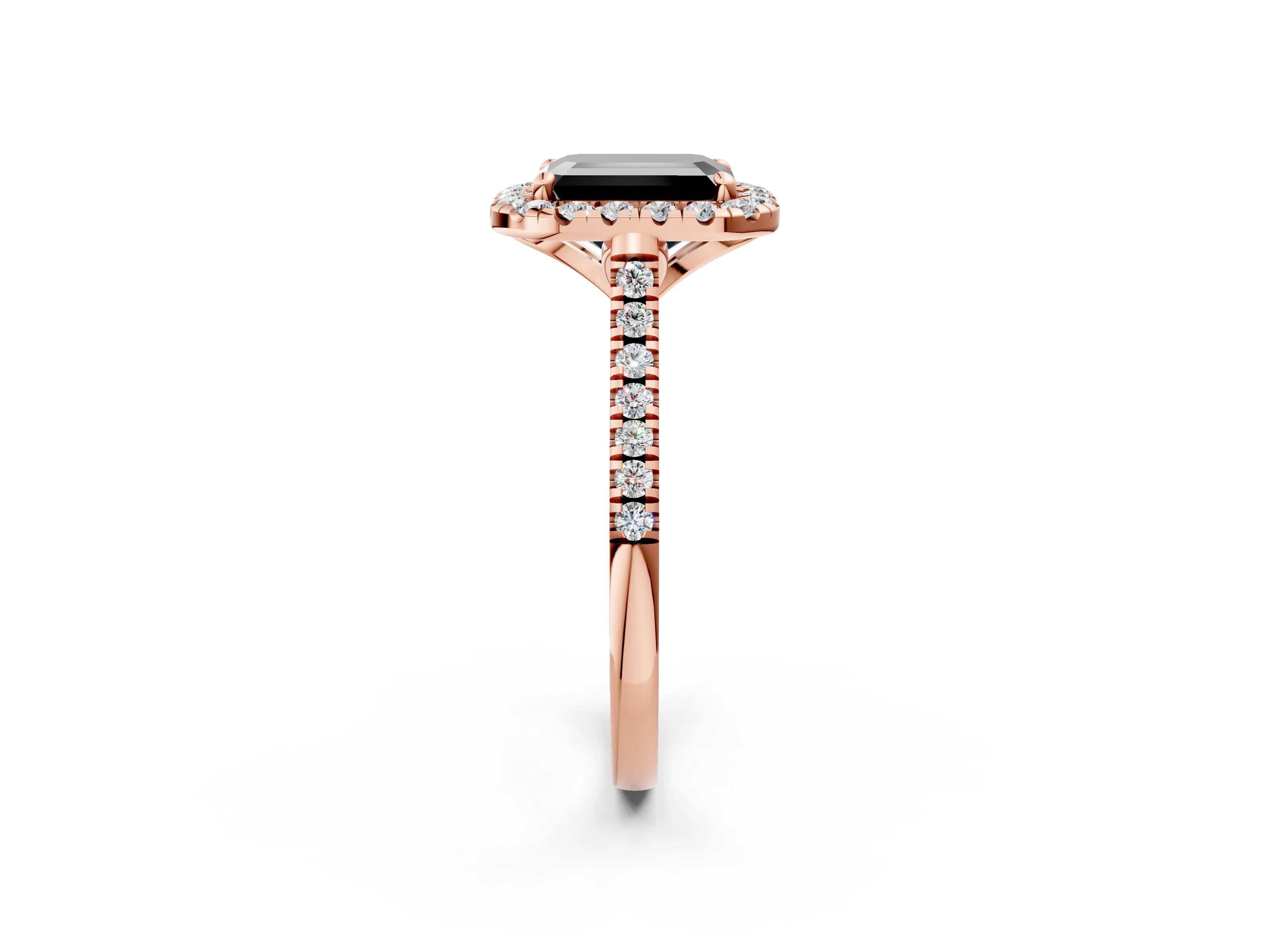 Rose gold Fancy Black Emerald Cut Diamond Cushion Halo Ring with Pavé Band_2