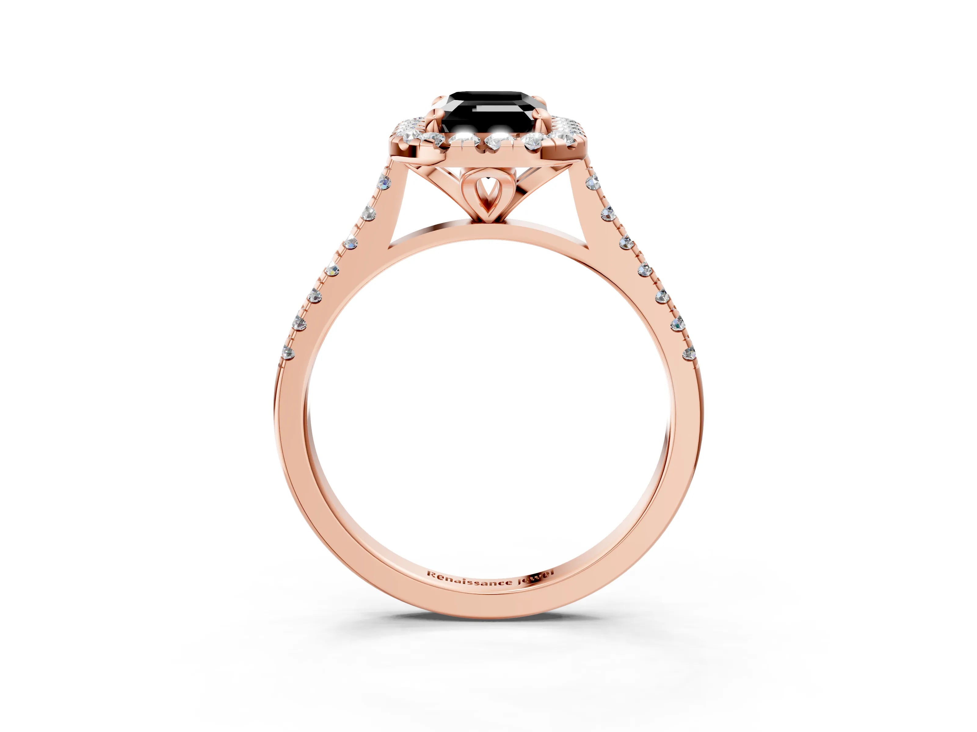 Rose gold Fancy Black Emerald Cut Diamond Cushion Halo Ring with Pavé Band_3