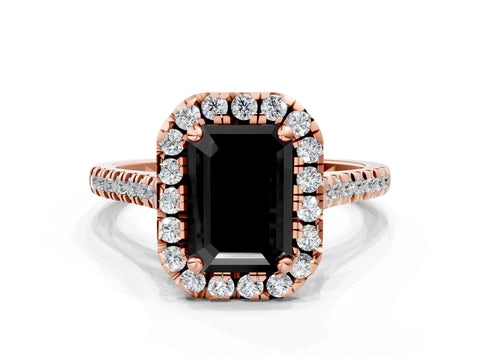 Rose gold Fancy Black Emerald Cut Diamond Cushion Halo Ring with Pavé Band