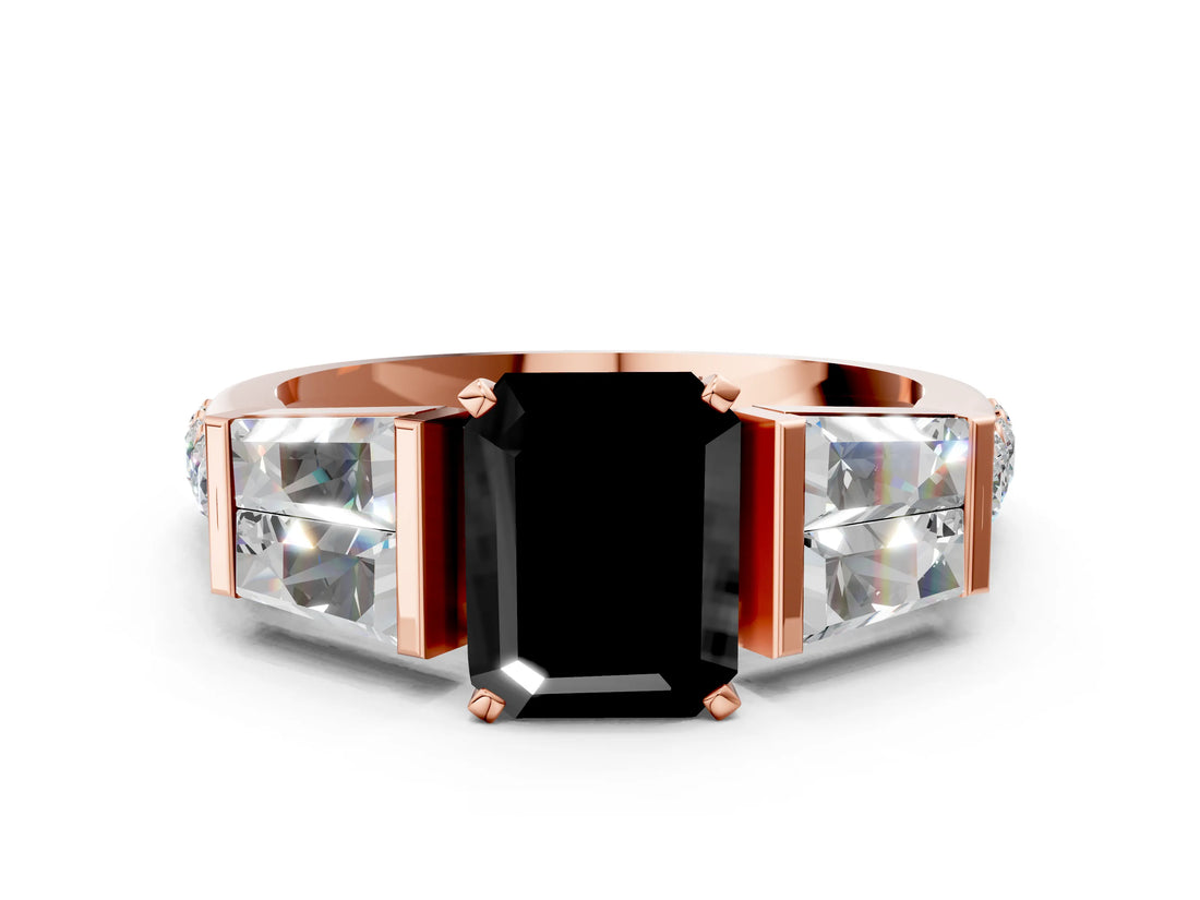 Rose gold Fancy Black Emerald Cut Diamond Engagement Ring with Baguette Side Stones and Channel Set Band_12