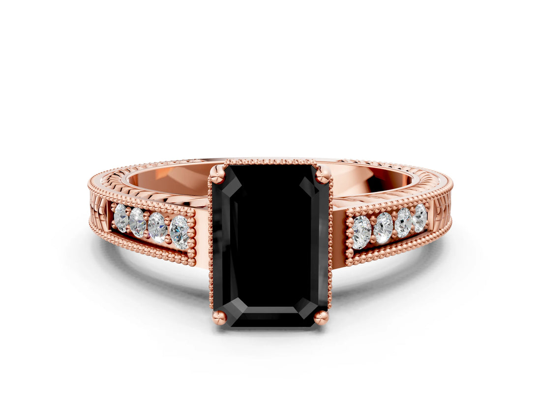 Rose gold Fancy Black Emerald Cut Diamond Engagement Ring with Milgrain Channel Set Band and Prong Setting