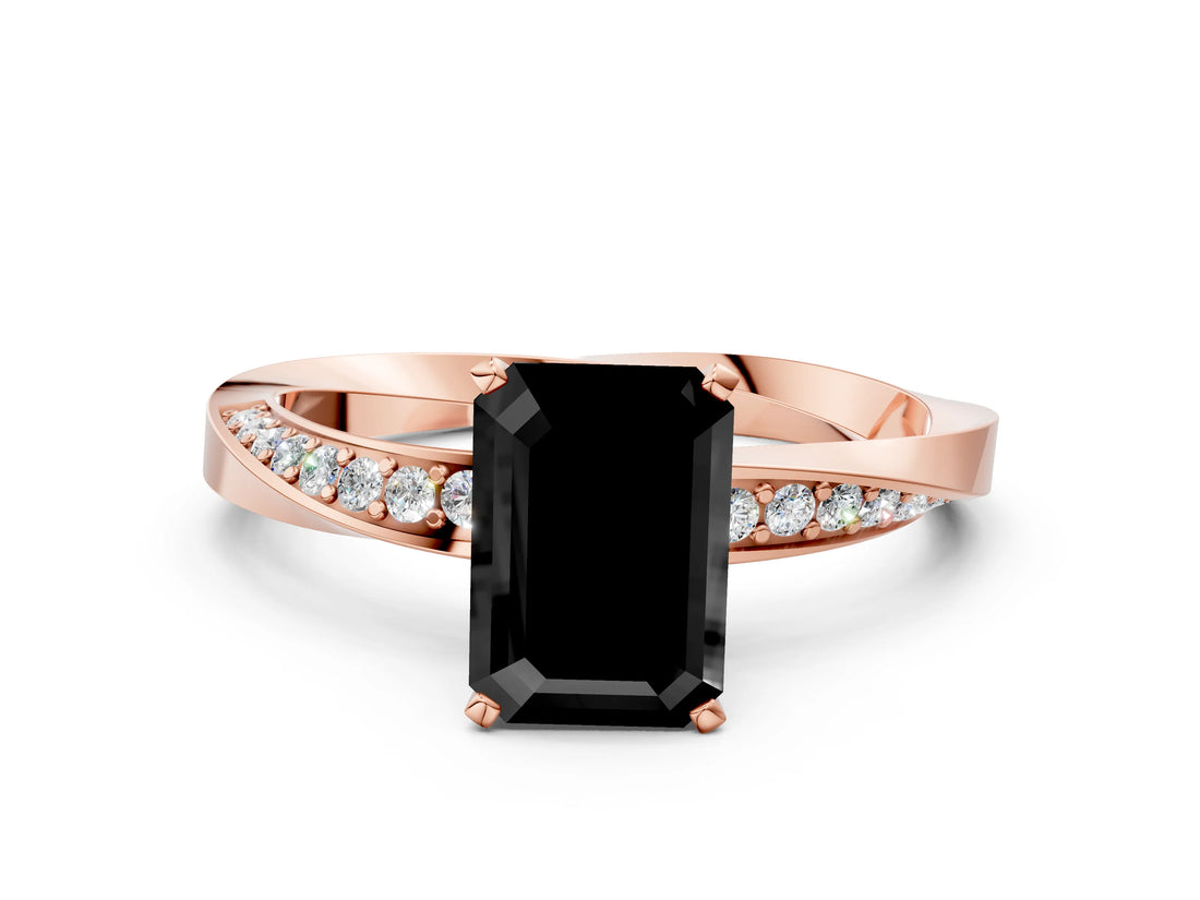Rose gold Fancy Black Emerald Cut Diamond Engagement Ring with Side Stone Accents and Four-Prong Setting_72