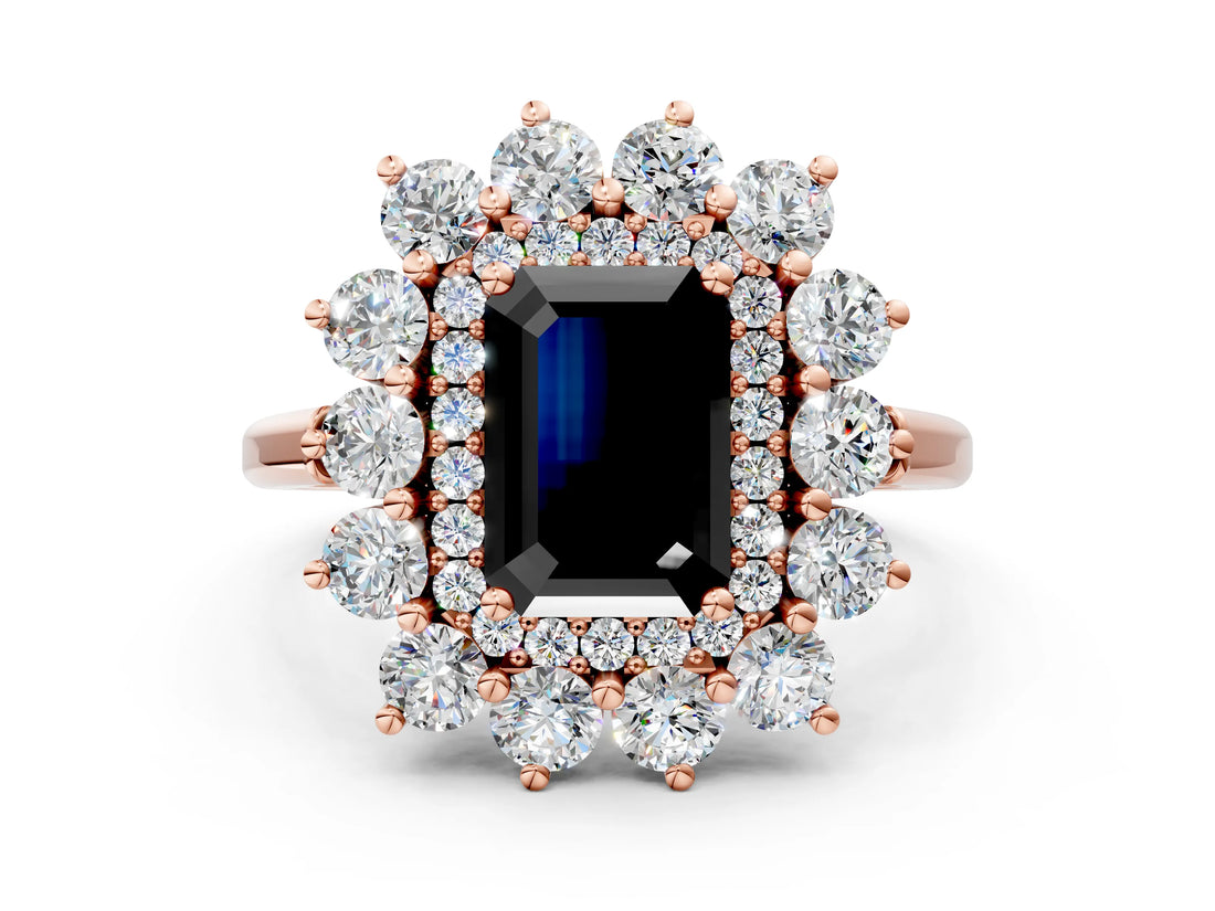 Rose gold Fancy Black Emerald Cut Diamond Floral Double Halo Engagement Ring with Prong Setting_24