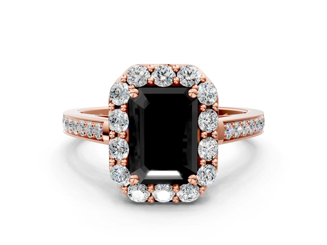 Rose gold Fancy Black Emerald Cut Diamond Floral Halo Ring with Pavé Band and Prong Setting_3