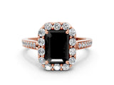 Rose gold Fancy Black Emerald Cut Diamond Floral Halo Ring with Pavé Band and Prong Setting_3