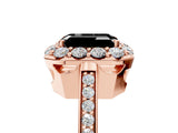 Rose gold Fancy Black Emerald Cut Diamond Floral Halo Ring with Pavé Band and Prong Setting_8