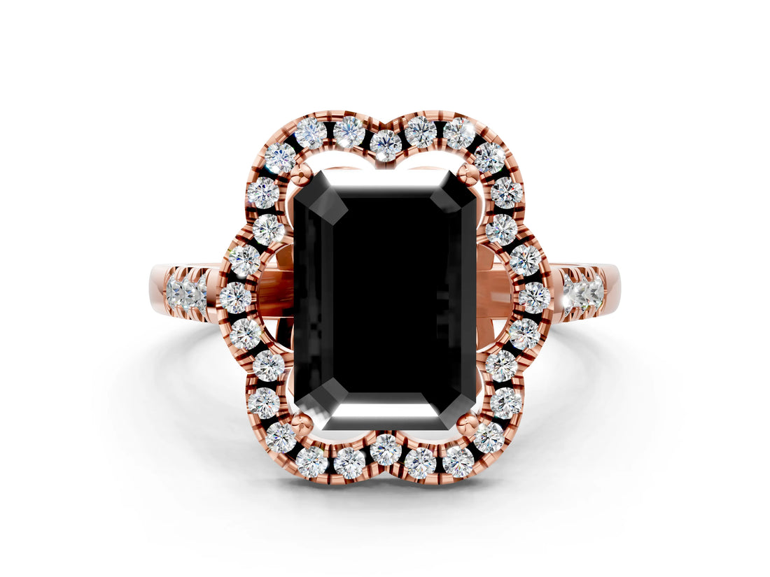 Rose gold Fancy Black Emerald Cut Diamond Floral Halo Split Shank Prong Setting Ring