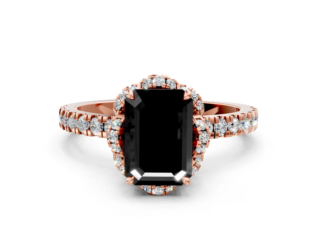 Rose gold Fancy Black Emerald Cut Diamond Halo Pave Band with Four-Prong Setting_3