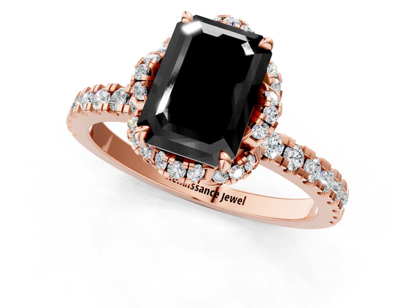 Rose Gold Emerald Cut Four Petal Floral Halo Engagement Ring Setting for Black Center