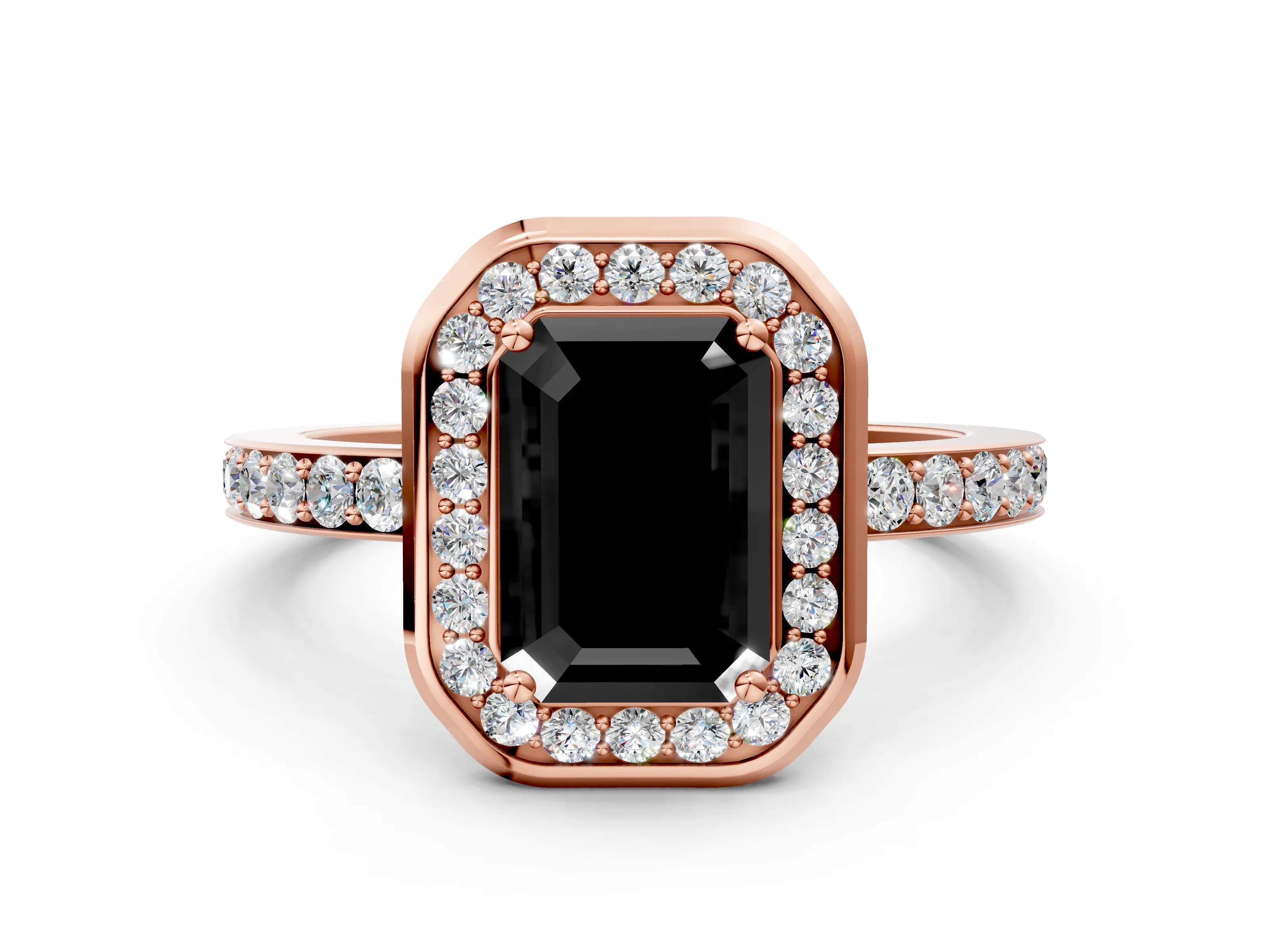 Rose gold Fancy Black Emerald Cut Diamond Halo Ring with Bezel Frame and Pavé Band