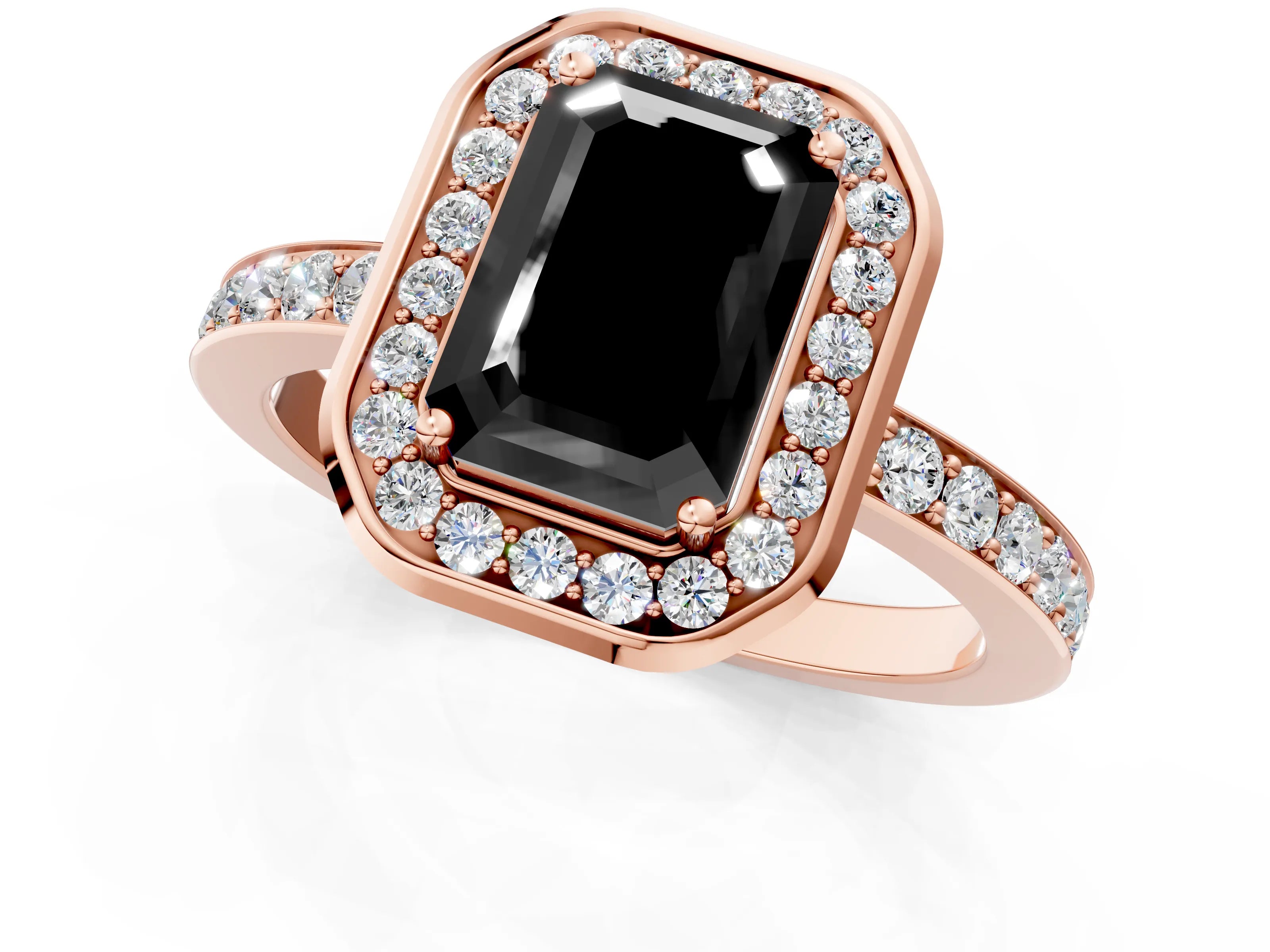 Rose gold Fancy Black Emerald Cut Diamond Halo Ring with Bezel Frame and Pavé Band_1