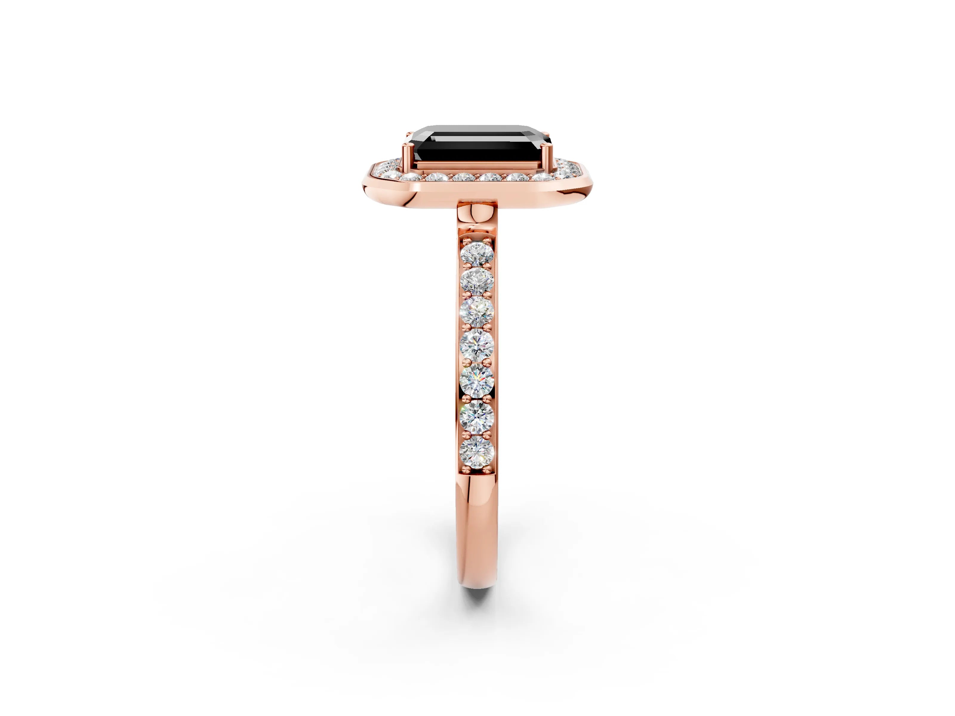 Rose gold Fancy Black Emerald Cut Diamond Halo Ring with Bezel Frame and Pavé Band_2
