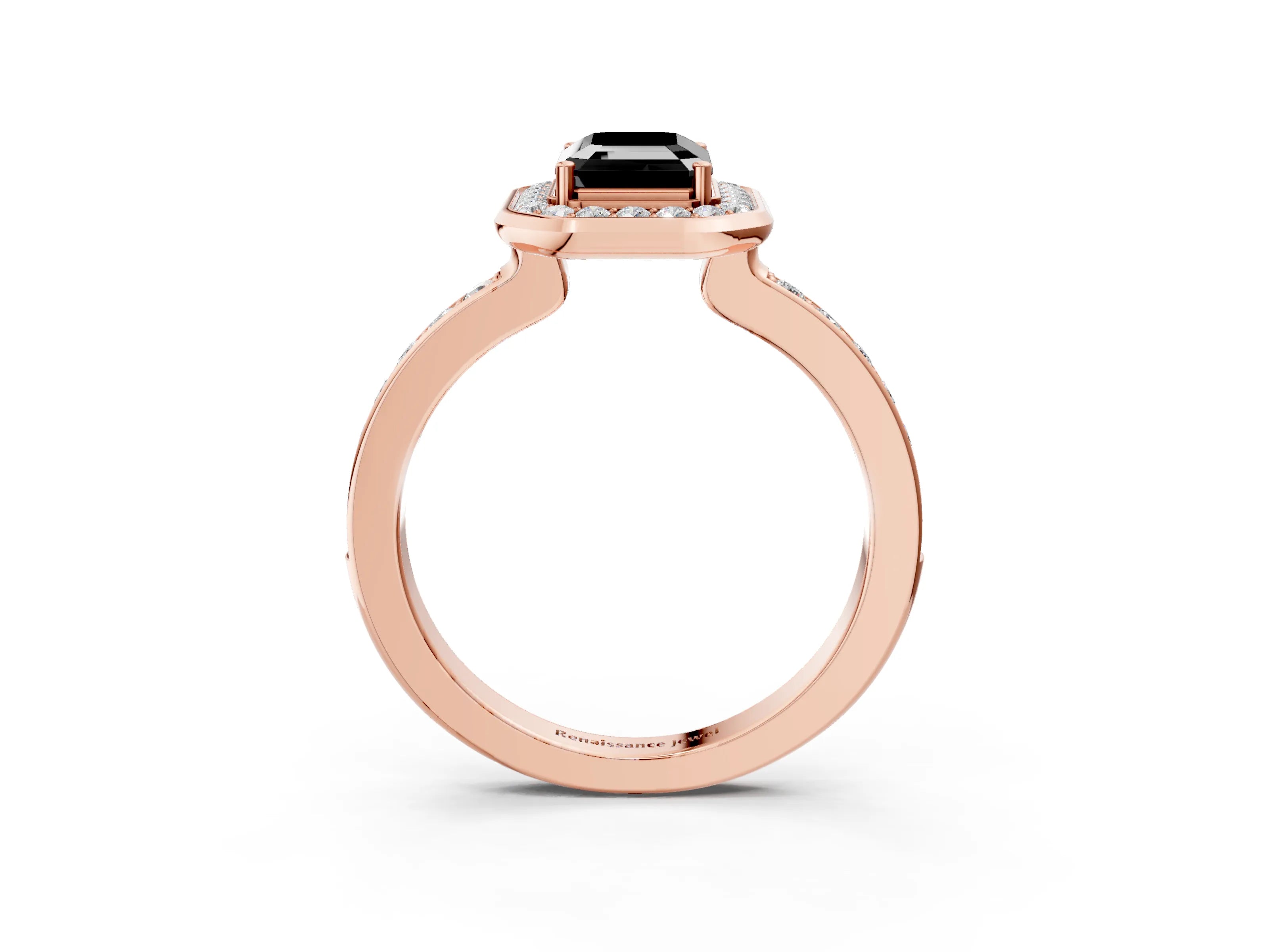 Rose gold Fancy Black Emerald Cut Diamond Halo Ring with Bezel Frame and Pavé Band_3
