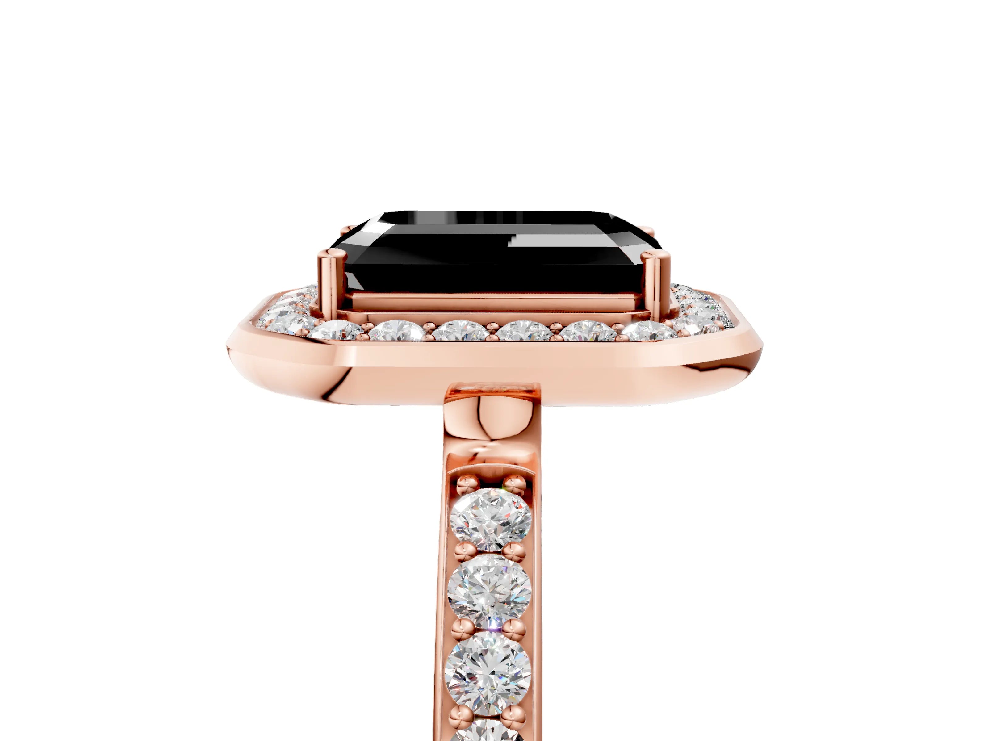 Rose gold Fancy Black Emerald Cut Diamond Halo Ring with Bezel Frame and Pavé Band_5