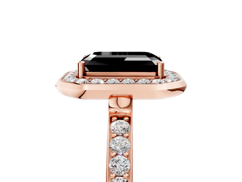 Rose gold Fancy Black Emerald Cut Diamond Halo Ring with Bezel Frame and Pavé Band_5