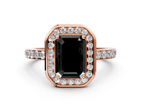 Rose gold Fancy Black Emerald Cut Diamond Halo Ring with Bezel Frame and Pavé Band