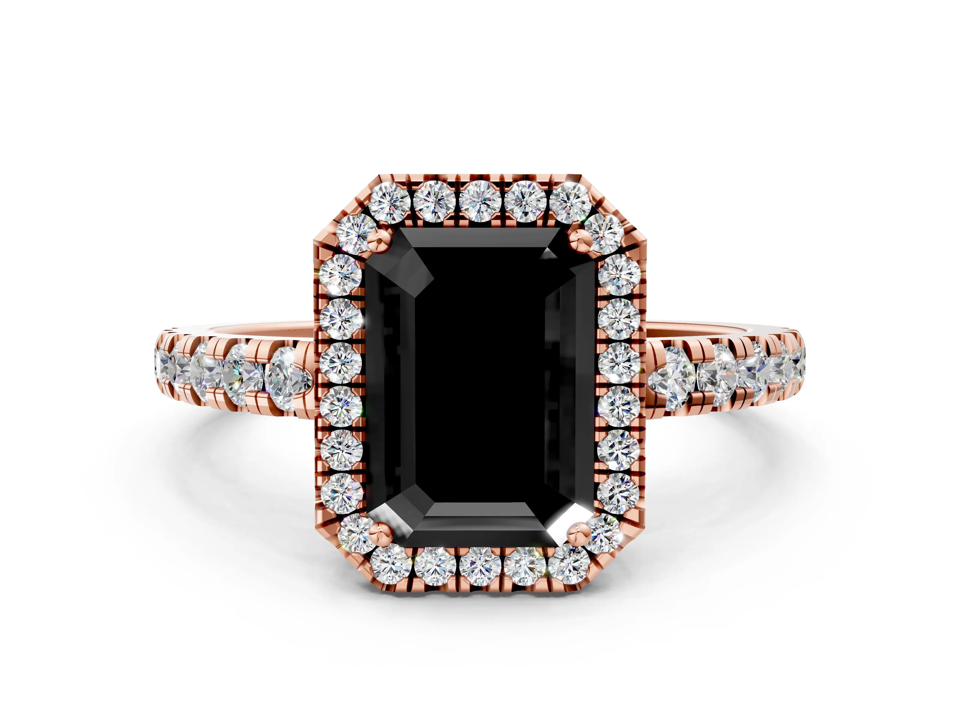 Rose gold Fancy Black Emerald Cut Diamond Halo Ring with Pavé Band and Four-Prong Setting