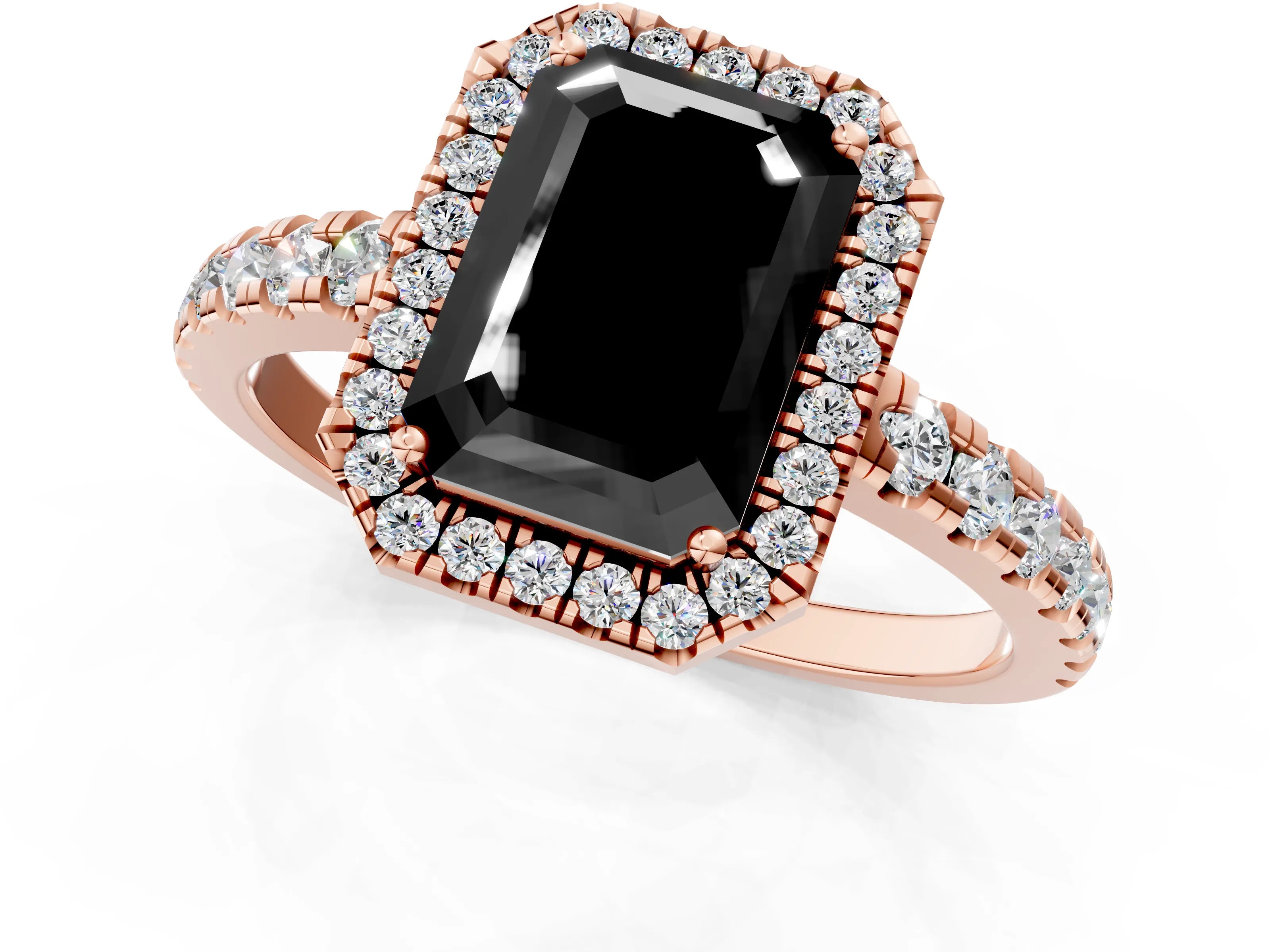 Rose gold Fancy Black Emerald Cut Diamond Halo Ring with Pavé Band and Four-Prong Setting_1