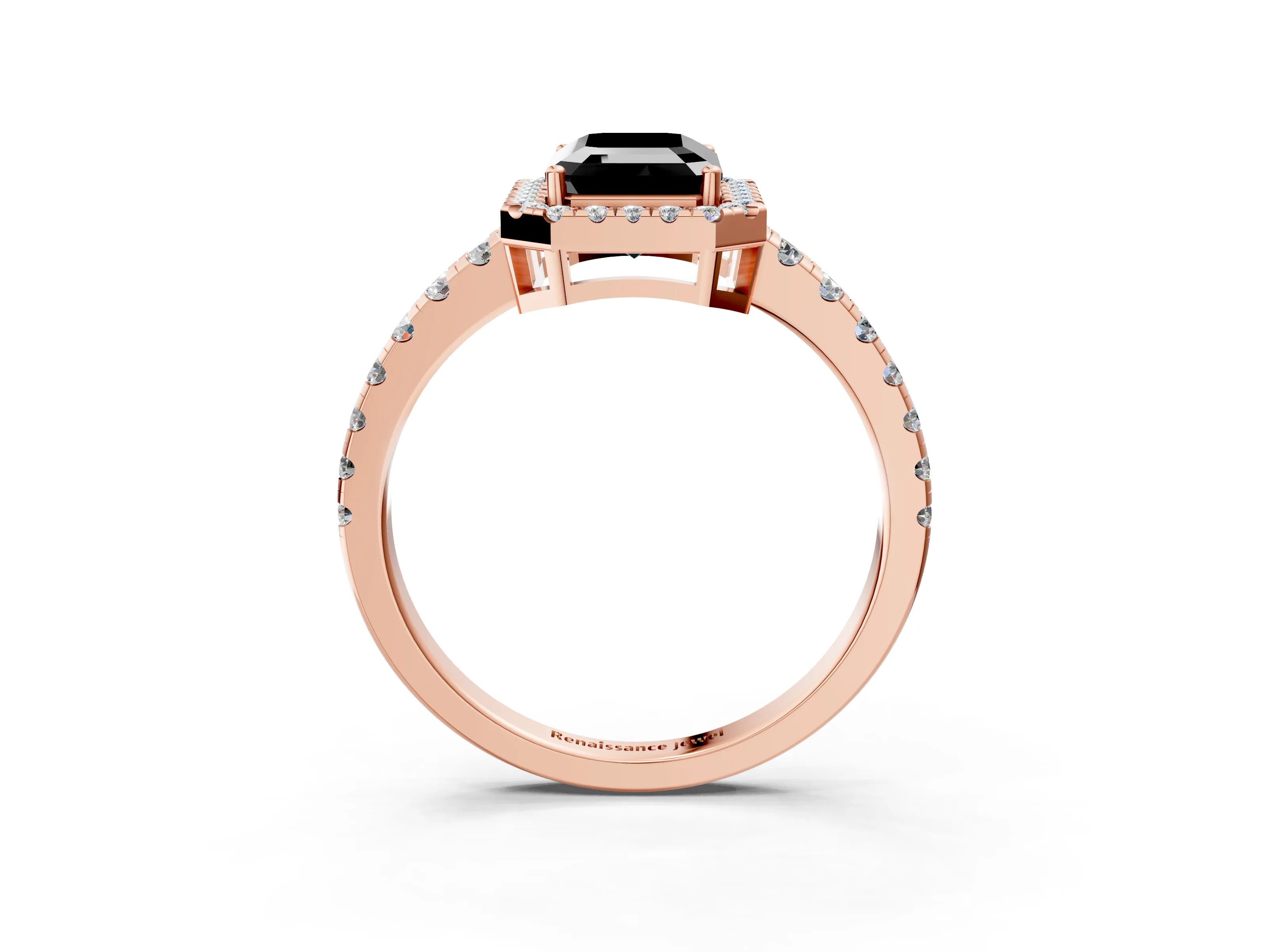 Rose gold Fancy Black Emerald Cut Diamond Halo Ring with Pavé Band and Four-Prong Setting_3