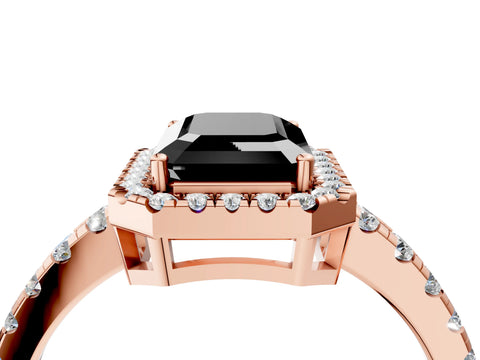 Rose gold Fancy Black Emerald Cut Diamond Halo Ring with Pavé Band and Four-Prong Setting_4