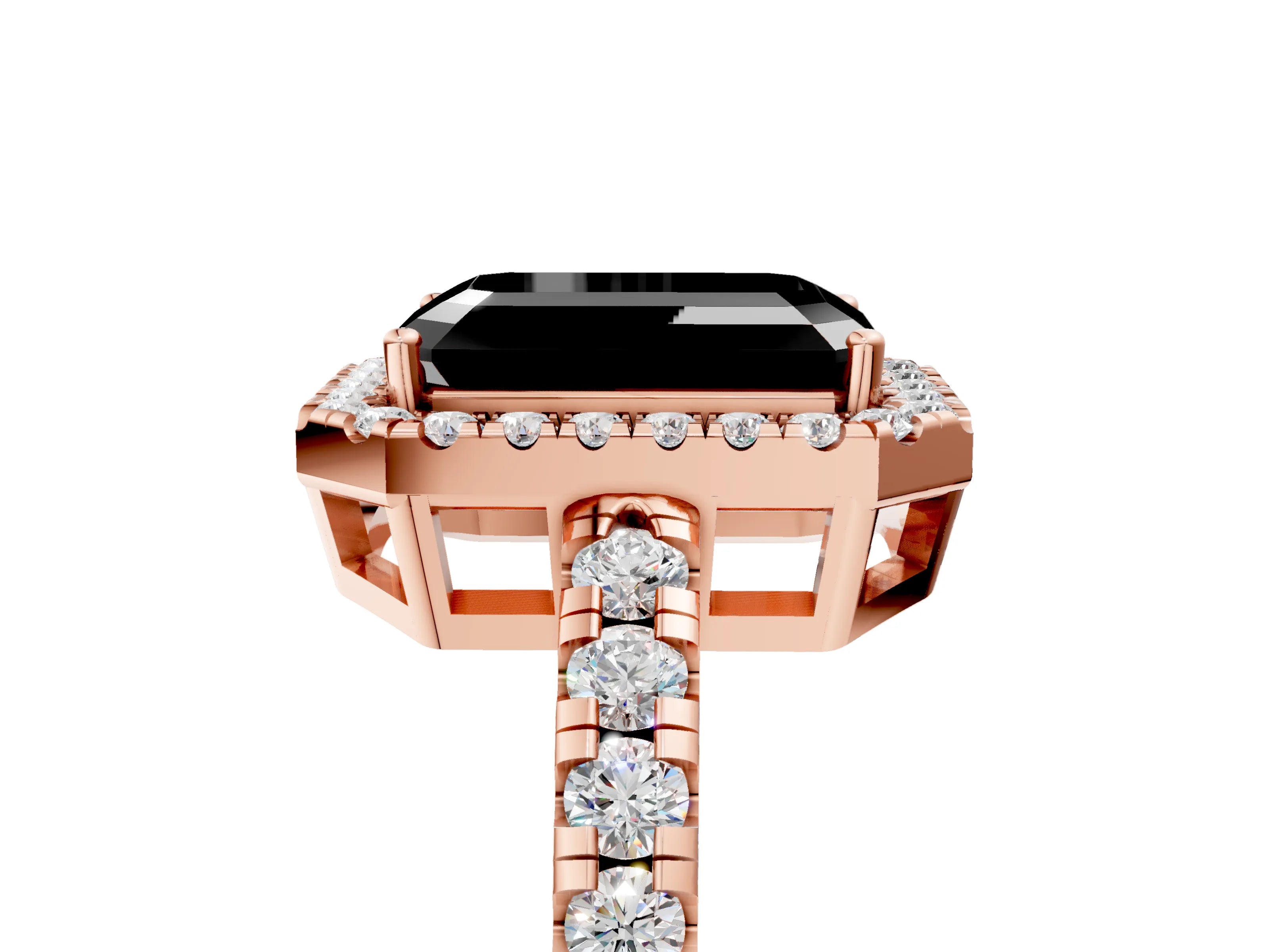 Rose gold Fancy Black Emerald Cut Diamond Halo Ring with Pavé Band and Four-Prong Setting_5