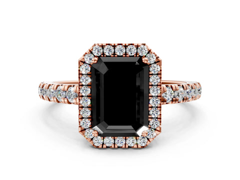 Rose gold Fancy Black Emerald Cut Diamond Halo Ring with Pavé Band and Four-Prong Setting